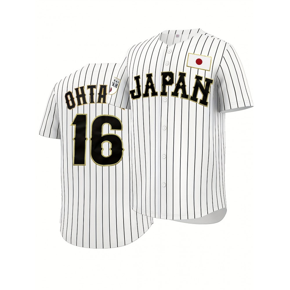 Men's Classic #16 White Striped Baseball Jersey with Embroidered Letters - Breathable, Button-Up Short Sleeve Shirt for Training & Competition Men's Classic #16 White Striped Baseball Jersey with Embroidered Letters - Breathable, Button-Up Short Sleeve Shirt for Training & Competition