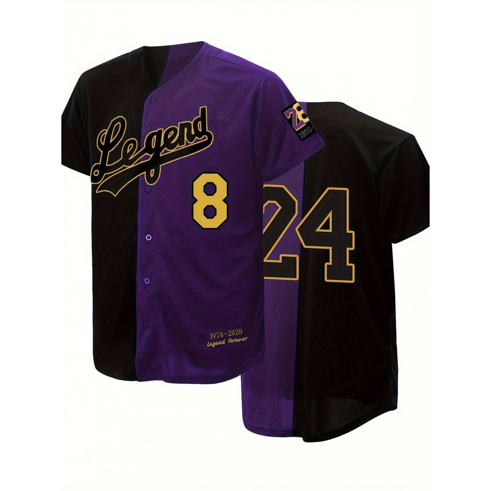 Men's Black & Purple #24 Baseball Jersey - Classic Letter Embroidery, Breathable Button-Up V-Neck, Loose Fit for Training, Competition & Casual Wear - All-Season Sportswear for Men & Teens Men's Black & Purple #24 Baseball Jersey - Classic Letter Embroidery, Breathable Button-Up V-Neck, Loose Fit for Training, Competition & Casual Wear - All-Season Sportswear for Men & Teens