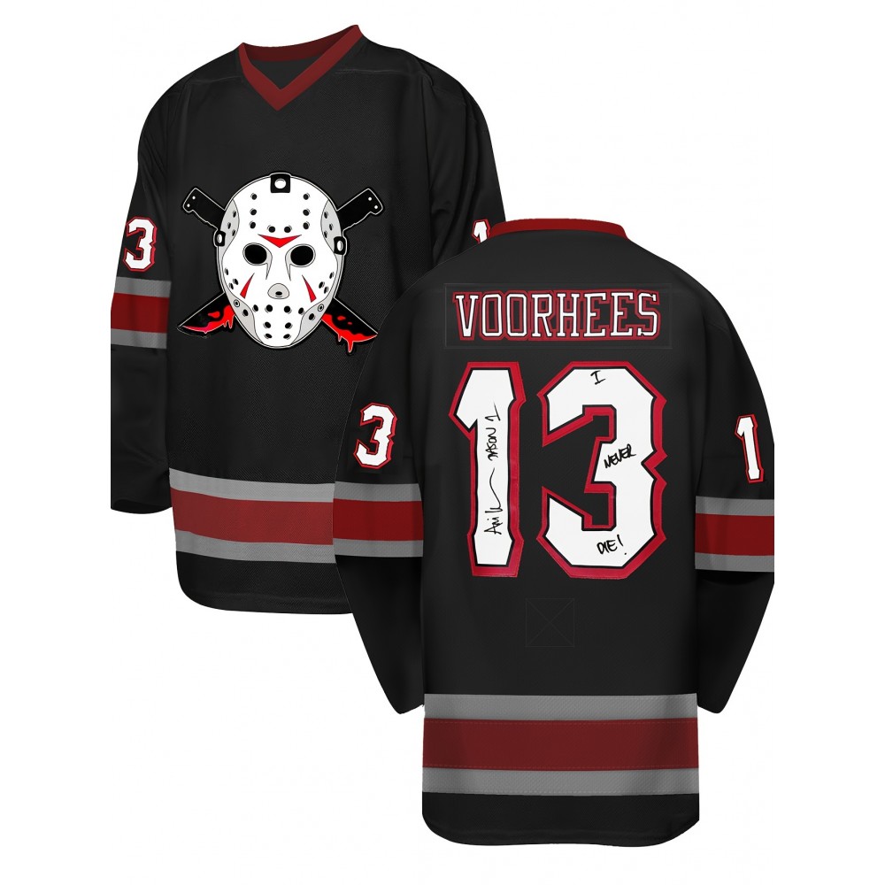 Men's Black #13 Ice Hockey Jersey - Loose Fit Embroidered Vooormhees Logo & Mask Graphic, Breathable V-Neck Streetwear for Sports, Training, Casual Wear - All-Season Comfort Men's Black #13 Ice Hockey Jersey - Loose Fit Embroidered Vooormhees Logo & Mask Graphic, Breathable V-Neck Streetwear for Sports, Training, Casual Wear - All-Season Comfort