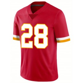 Men's Red #28 Breathable Rugby Jersey - Embroidered American Football V-Neck Short Sleeve Shirt, Loose Fit All-Season Training & Match Uniform for Sports, Outdoor Activities & Casual Wear, Durable Sportswear