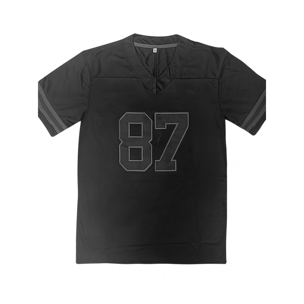 Men's Black #87 Embroidered American Football Jersey - Loose Fit, Breathable Polyester, V-Neck, Casual Street Style Rugby Top for Sports and Casual Attire, Outdoor Activewear|Embroidered Sports Top|Loose Fit Jersey Men's Black #87 Embroidered American Football Jersey - Loose Fit, Breathable Polyester, V-Neck, Casual Street Style Rugby Top for Sports and Casual Attire, Outdoor Activewear|Embroidered Sports Top|Loose Fit Jersey
