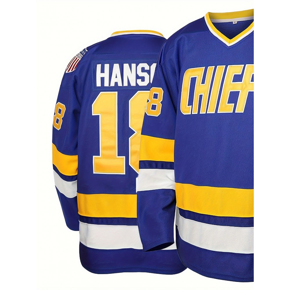 Blue V-Neck Embroidered Men's #18 Ice Hockey Jersey - Long Sleeve, Breathable & Stylish for Sports and Casual Wear Blue V-Neck Embroidered Men's #18 Ice Hockey Jersey - Long Sleeve, Breathable & Stylish for Sports and Casual Wear