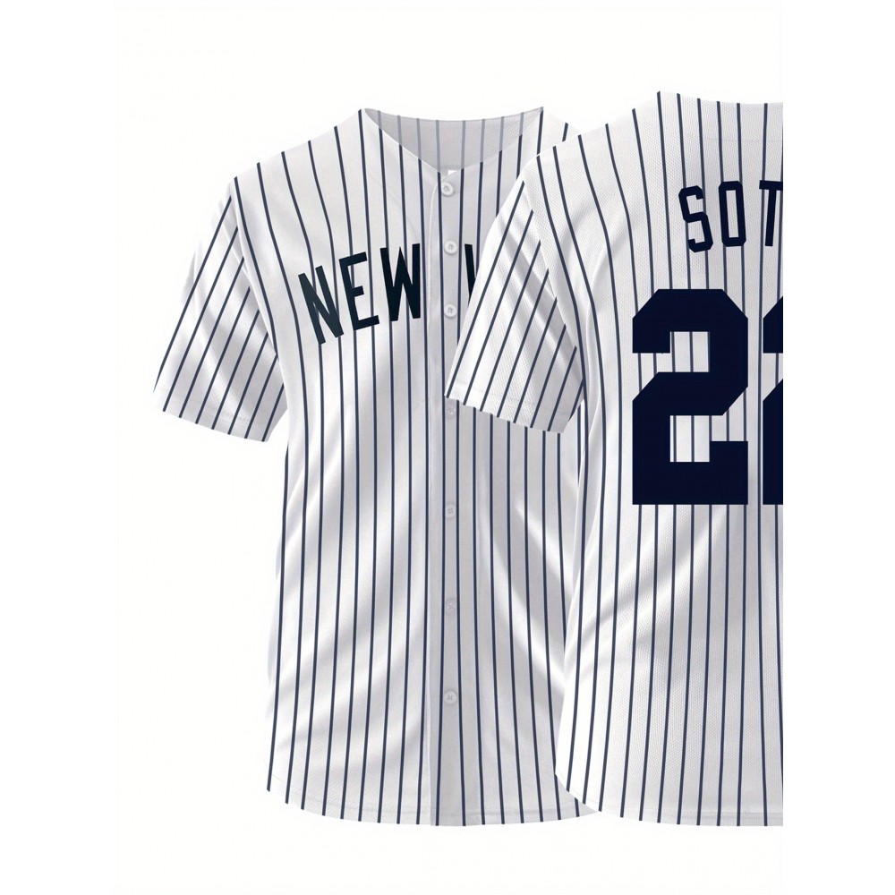 Men'S White Striped # 22 Baseball Shirt, Classic Letter Embroidery Design, Breathable Button Style Short Sleeved Shirt, Suitable for Training And Games Men'S White Striped # 22 Baseball Shirt, Classic Letter Embroidery Design, Breathable Button Style Short Sleeved Shirt, Suitable for Training And Games