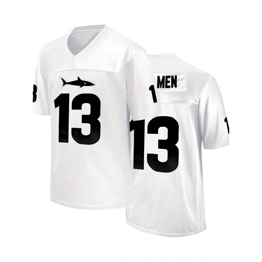 Men's White #13 Breathable American Football Jersey - V-Neck Short Sleeve Embroidered Team Uniform with Shark Graphic & Bold Numerals, Loose Fit for Training, Competition & Casual Wear (Machine Washable, All-Season), Embroidered Detailing Men's White #13 Breathable American Football Jersey - V-Neck Short Sleeve Embroidered Team Uniform with Shark Graphic & Bold Numerals, Loose Fit for Training, Competition & Casual Wear (Machine Washable, All-Season), Embroidered Detailing