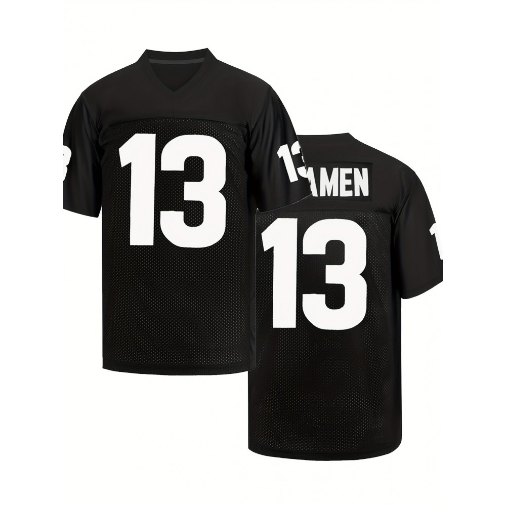 Men's Black # 13 Breathable Rugby Jersey, Sports V-neck Short Sleeved Uniform For Training And Matches, Embroidered American Football Shirt Men's Black # 13 Breathable Rugby Jersey, Sports V-neck Short Sleeved Uniform For Training And Matches, Embroidered American Football Shirt