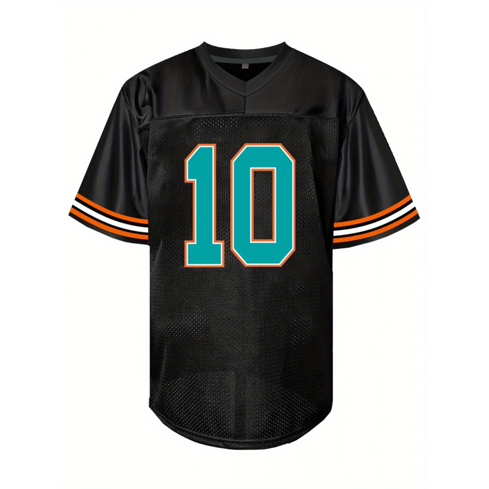Men's Black #10 Embroidered Rugby Shirt - Breathable Loose Fit V-Neck Jersey Top with Teal & Orange Accents for Casual, Sports & Outdoor Activities - All-Season Machine Washable, Casual Streetwear, Sporty Aesthetic, Comfortable Fit Men's Black #10 Embroidered Rugby Shirt - Breathable Loose Fit V-Neck Jersey Top with Teal & Orange Accents for Casual, Sports & Outdoor Activities - All-Season Machine Washable, Casual Streetwear, Sporty Aesthetic, Comfortable Fit