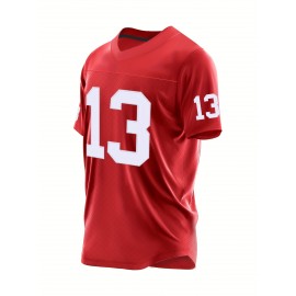 1pc Men'S Red #13 Embroidered Polyester Rugby Top, V-Neck Sports Jacket with Slight Stretch, Breathable Loose Fit for Casual, Outdoor, Hiking & Team Sports - Four Seasons Knit Fabric Shirt