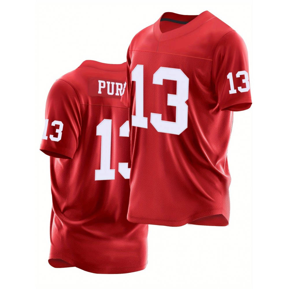 1pc Men'S Red #13 Embroidered Polyester Rugby Top, V-Neck Sports Jacket with Slight Stretch, Breathable Loose Fit for Casual, Outdoor, Hiking & Team Sports - Four Seasons Knit Fabric Shirt 1pc Men'S Red #13 Embroidered Polyester Rugby Top, V-Neck Sports Jacket with Slight Stretch, Breathable Loose Fit for Casual, Outdoor, Hiking & Team Sports - Four Seasons Knit Fabric Shirt