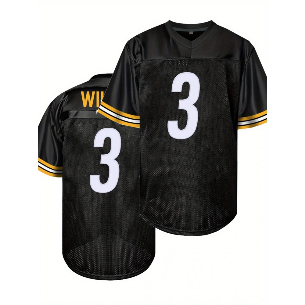 Men's Black #3 Embroidered American Football Jersey - Loose Fit Breathable V-Neck Rugby Top with Yellow Accents, All-Season Casual Streetwear for Sports & Outdoor Activities, Durable Sportswear Men's Black #3 Embroidered American Football Jersey - Loose Fit Breathable V-Neck Rugby Top with Yellow Accents, All-Season Casual Streetwear for Sports & Outdoor Activities, Durable Sportswear