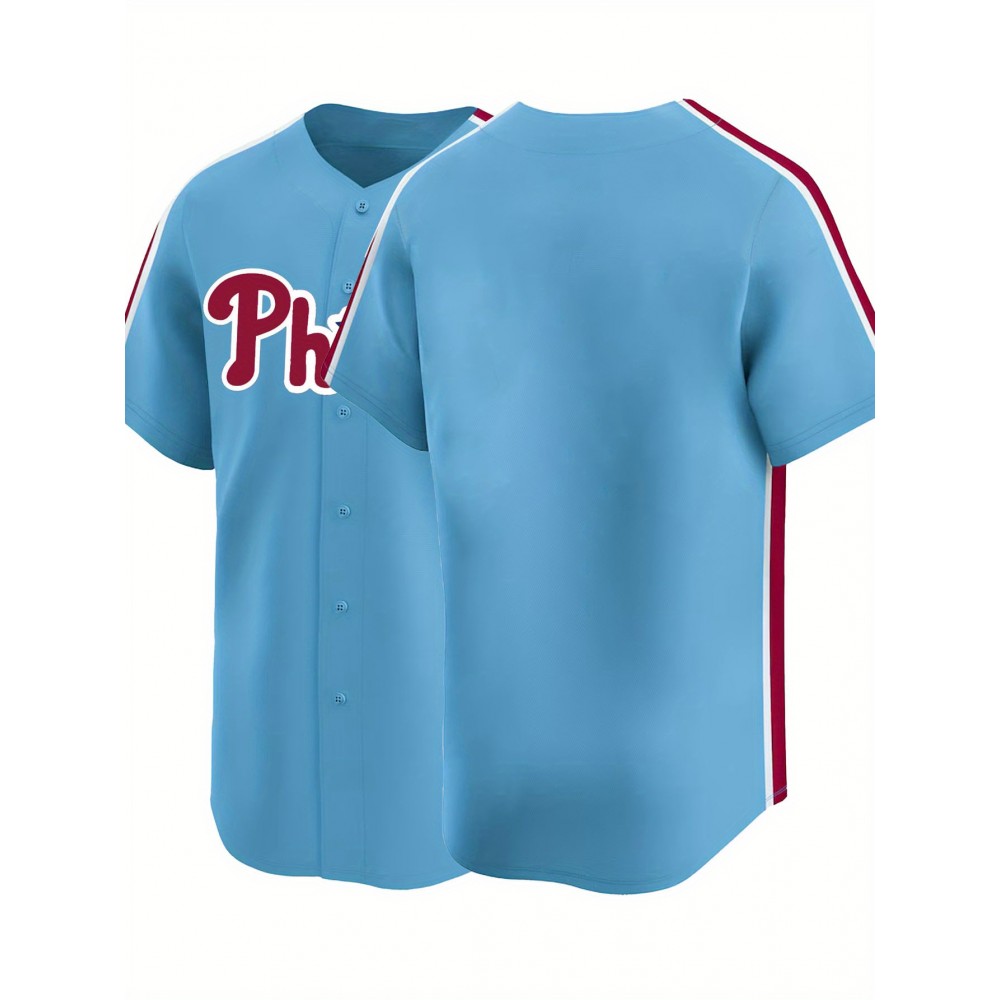 Men'S Moon Blue Baseball Shirt, Classic Letter Embroidery Design, Button Style Short Sleeved Breathable Shirt, Used for Training And Competitions Men'S Moon Blue Baseball Shirt, Classic Letter Embroidery Design, Button Style Short Sleeved Breathable Shirt, Used for Training And Competitions