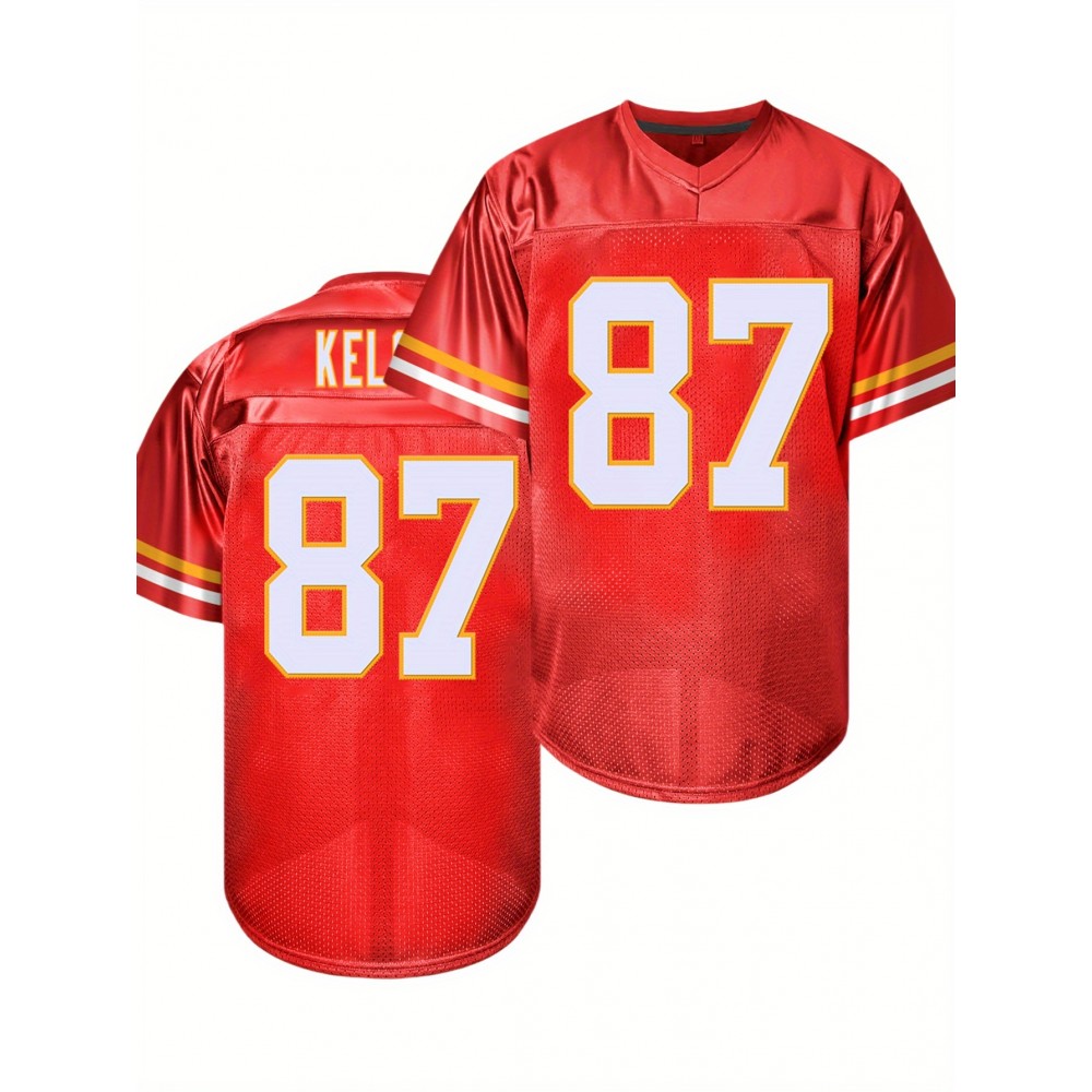 Men'S Loose-Fitting Red American Football Jersey #87, Featuring Embroidered Details, Suitable for Sports, Fashion, Casual Wear, And Street Style, with Breathable Fabric for Rugby. Men'S Loose-Fitting Red American Football Jersey #87, Featuring Embroidered Details, Suitable for Sports, Fashion, Casual Wear, And Street Style, with Breathable Fabric for Rugby.