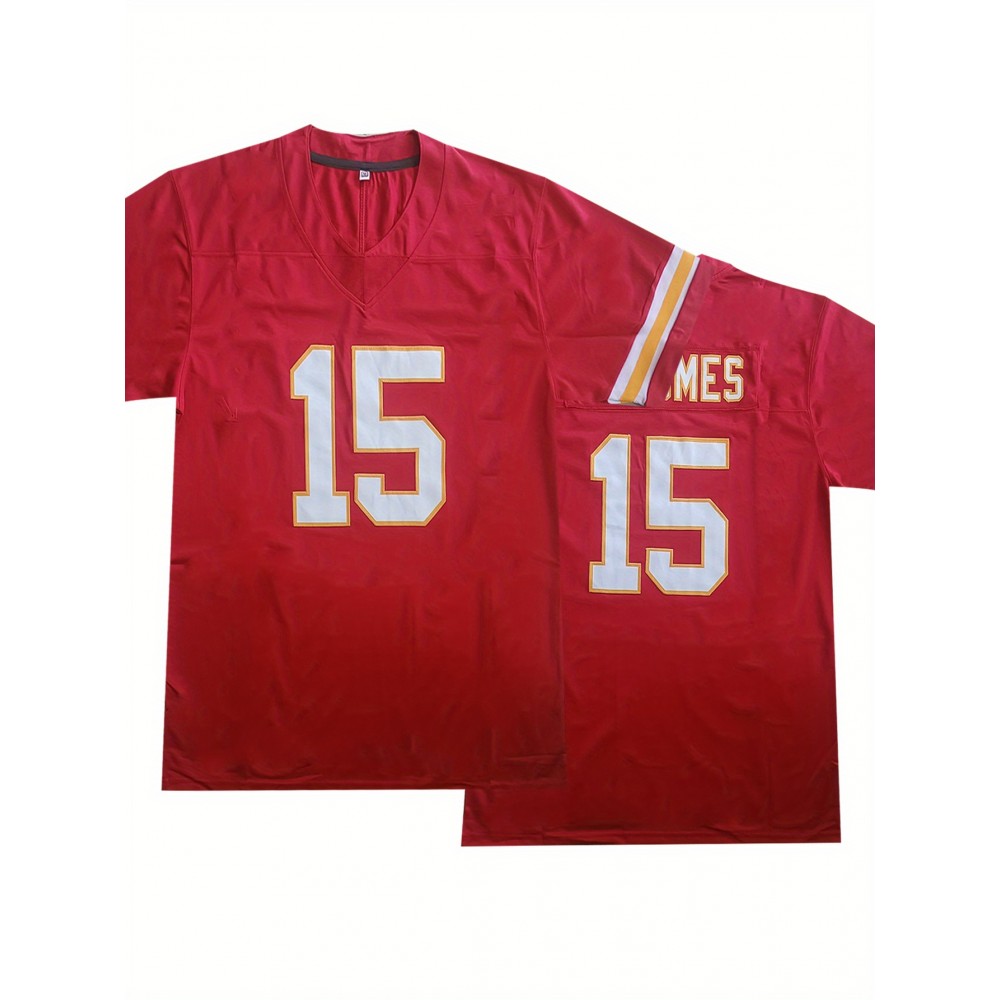 Men's Red #15 American Football Jersey - Loose Fit Breathable V-Neck Embroidered Sportswear, All-Season Casual Streetwear Top for Outdoor Activities & Sports, Football Clothes, Durable Sportswear Men's Red #15 American Football Jersey - Loose Fit Breathable V-Neck Embroidered Sportswear, All-Season Casual Streetwear Top for Outdoor Activities & Sports, Football Clothes, Durable Sportswear