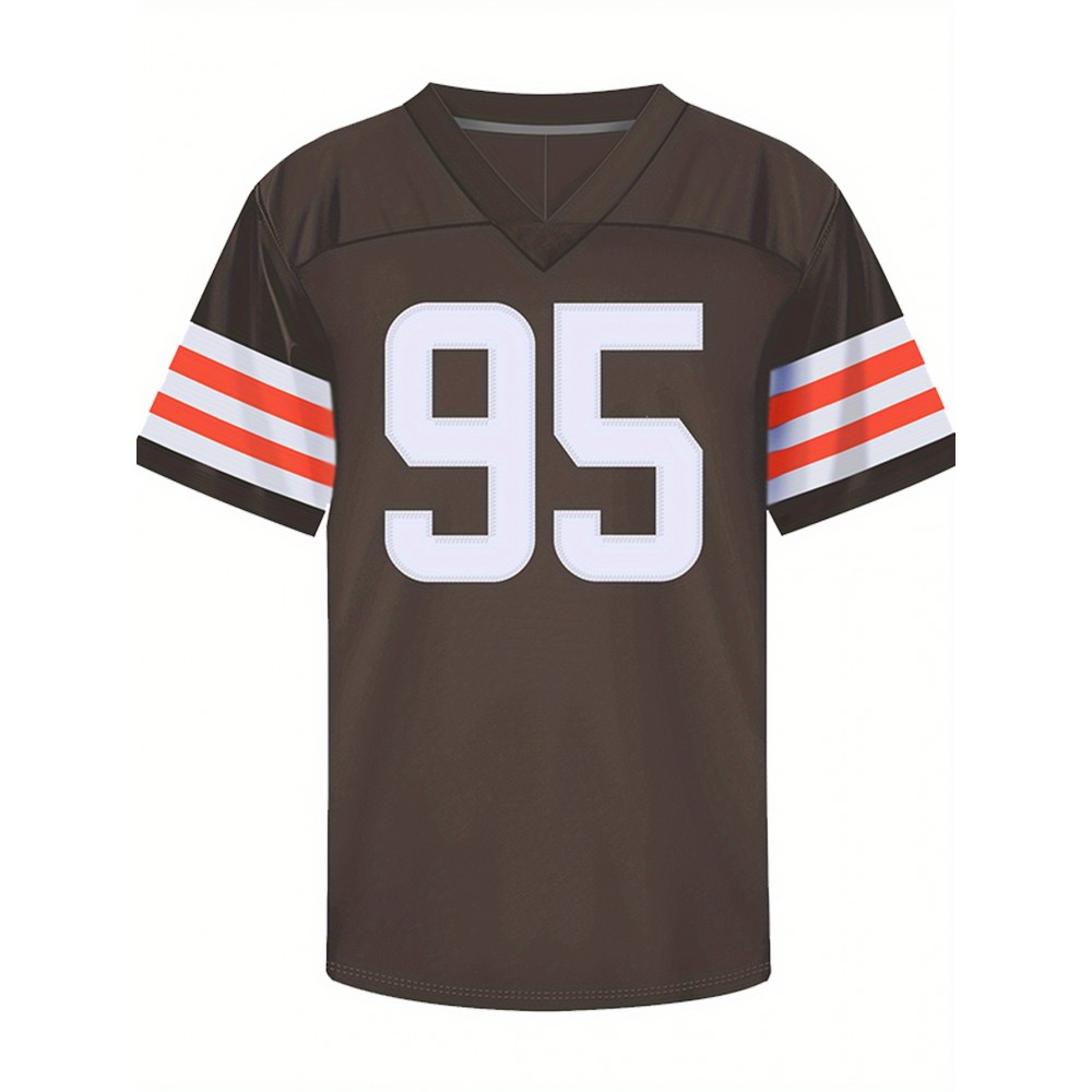 Men's Brown #95 Breathable Rugby Jersey - Embroidered American Football V-Neck Short Sleeve Shirt, Loose Fit All-Season Training & Casual Wear with Lettering Details, Machine Washable Sportswear for Men & Youths, Durable Sportswear Men's Brown #95 Breathable Rugby Jersey - Embroidered American Football V-Neck Short Sleeve Shirt, Loose Fit All-Season Training & Casual Wear with Lettering Details, Machine Washable Sportswear for Men & Youths, Durable Sportswear