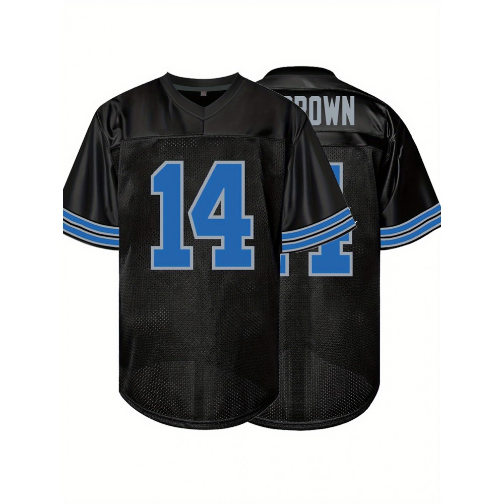 Men's Black #14 Embroidered American Football Jersey - Loose Fit Breathable V-Neck Rugby Top with Blue & White Stripes, All-Season Casual Streetwear for Sports & Outdoor Activities, Athletic Leisure Wear Men's Black #14 Embroidered American Football Jersey - Loose Fit Breathable V-Neck Rugby Top with Blue & White Stripes, All-Season Casual Streetwear for Sports & Outdoor Activities, Athletic Leisure Wear