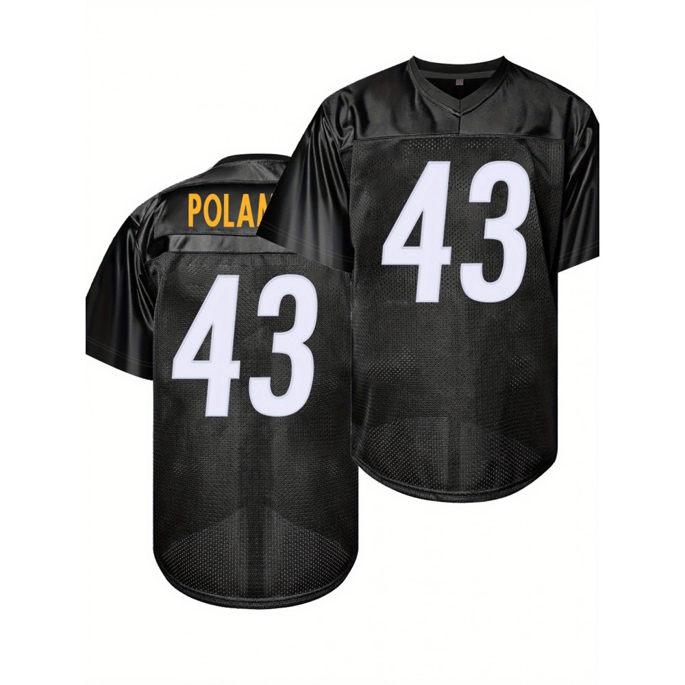 Men'S Black # 43 Breathable Rugby Jersey, Sports V-Neck Short Sleeved Uniform for Training And Matches, Embroidered American Football Shirt Men'S Black # 43 Breathable Rugby Jersey, Sports V-Neck Short Sleeved Uniform for Training And Matches, Embroidered American Football Shirt