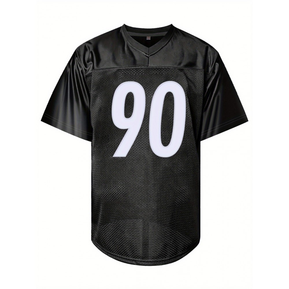 Men'S Black # 90 Breathable Rugby Jersey, Sports V-Neck Short Sleeved Uniform for Training And Matches, Embroidered American Football Shirt Men'S Black # 90 Breathable Rugby Jersey, Sports V-Neck Short Sleeved Uniform for Training And Matches, Embroidered American Football Shirt