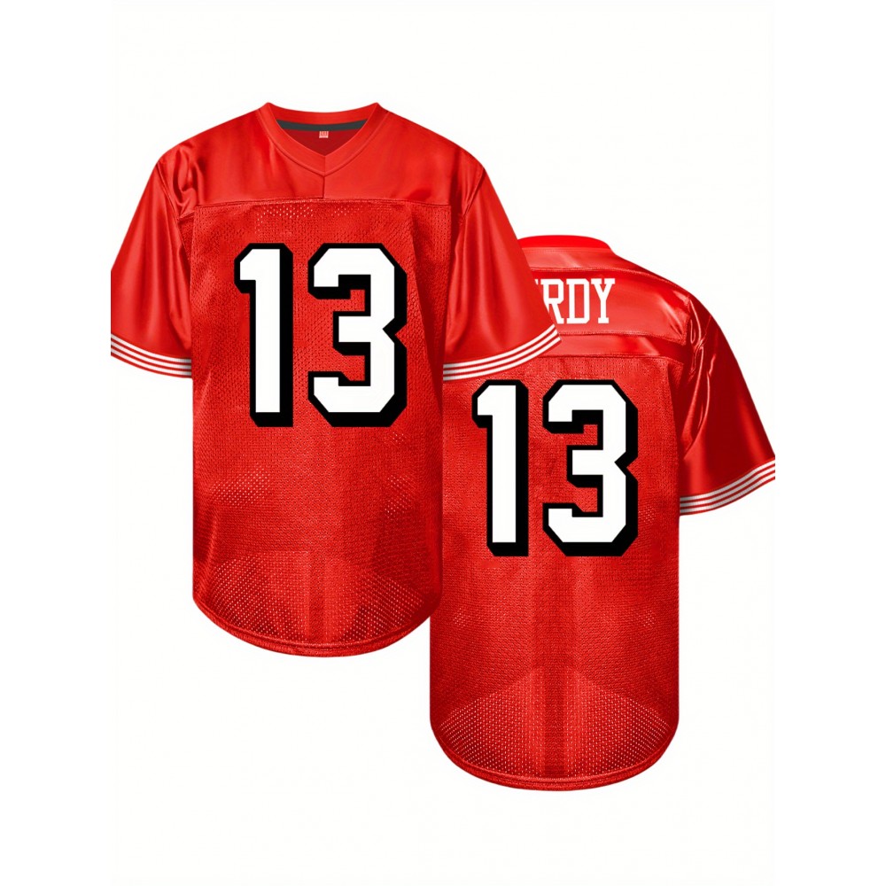 Men's Red #13 Embroidered American Football Jersey - Loose Fit Breathable V-Neck Rugby Shirt for Sports, Casual & Streetwear | All-Season Comfort, Machine Washable, Outdoor Activity Apparel, Sporty Look, Neat Stitching Men's Red #13 Embroidered American Football Jersey - Loose Fit Breathable V-Neck Rugby Shirt for Sports, Casual & Streetwear | All-Season Comfort, Machine Washable, Outdoor Activity Apparel, Sporty Look, Neat Stitching