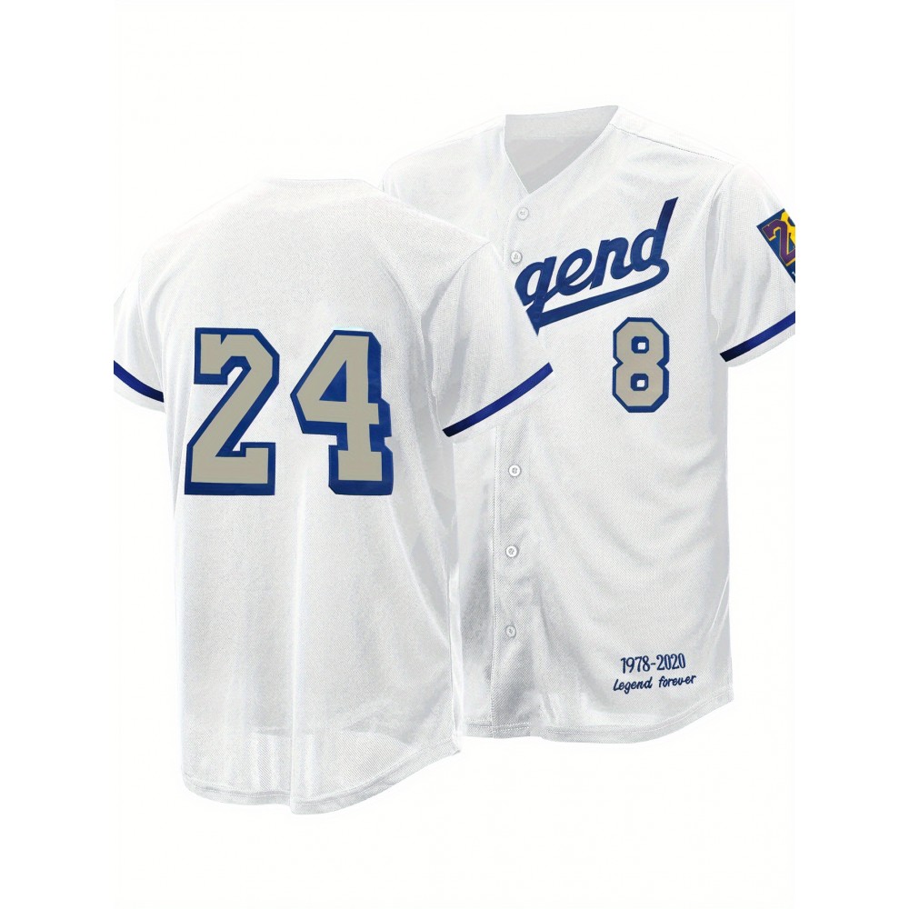 Men'S White # 24 Baseball Shirt, Classic Letter Embroidery Design, Button Style Short Sleeved Breathable Shirt, for Training And Competition Use Men'S White # 24 Baseball Shirt, Classic Letter Embroidery Design, Button Style Short Sleeved Breathable Shirt, for Training And Competition Use