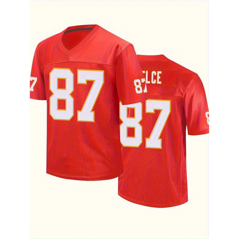 Men'S Red # 87 Breathable Rugby Shirt, Sports V-neck Short Sleeve Training Match Uniform, Embroidered American Football Shirt Men'S Red # 87 Breathable Rugby Shirt, Sports V-neck Short Sleeve Training Match Uniform, Embroidered American Football Shirt