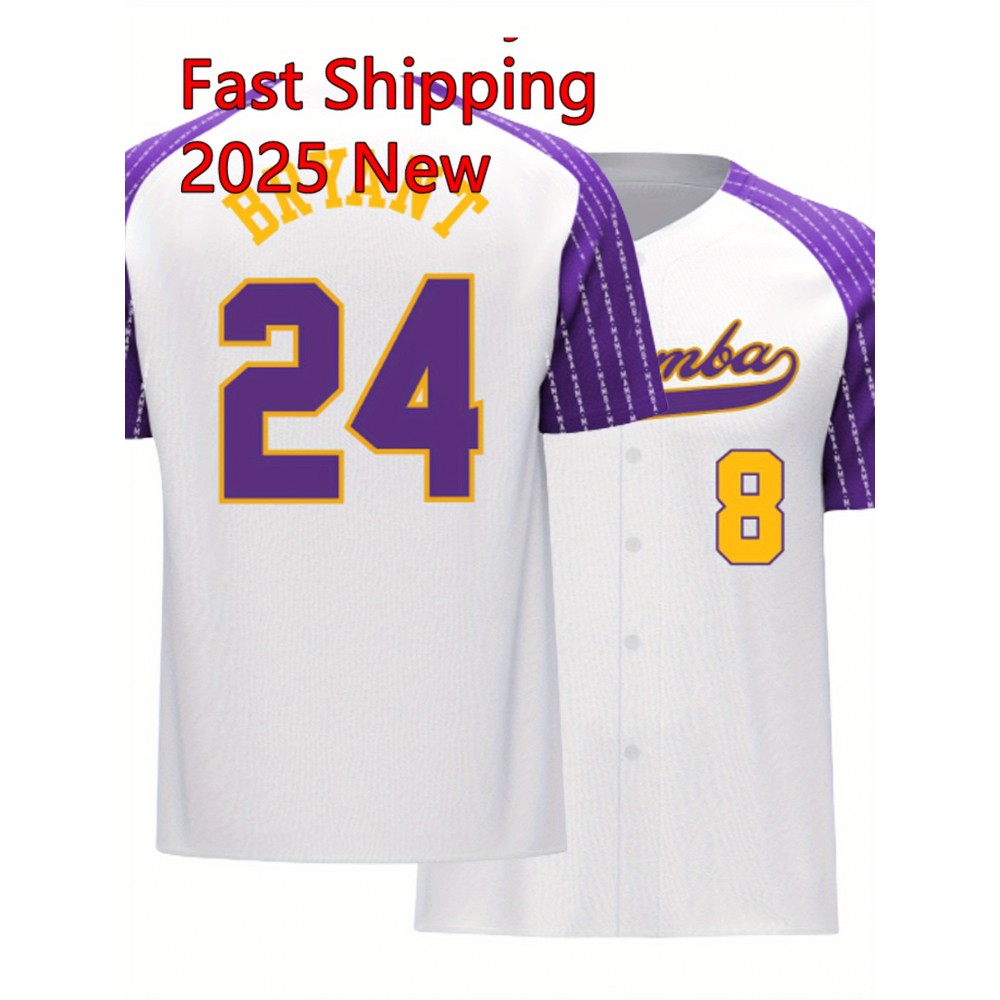 Men's White Purple # 8-24 Jersey Letter Embroidered Baseball Jacket, Fashionable And Casual, Street Breathable Short Sleeved Sports Shirt Men's White Purple # 8-24 Jersey Letter Embroidered Baseball Jacket, Fashionable And Casual, Street Breathable Short Sleeved Sports Shirt