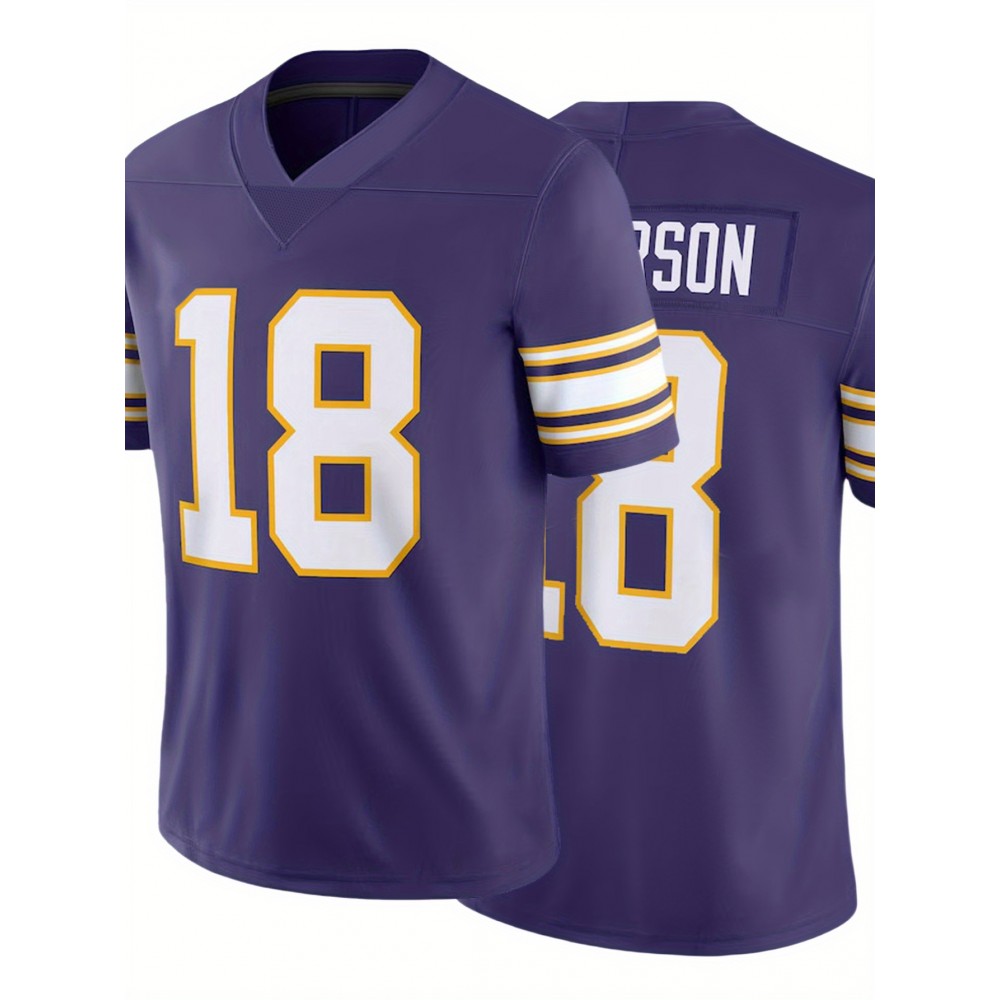 Men's Purple #18 American Football Jersey - Breathable Loose Fit V-Neck with Embroidered Letter Design, All-Season Casual Streetwear for Sports & Outdoor Activities, Comfortable Fit Men's Purple #18 American Football Jersey - Breathable Loose Fit V-Neck with Embroidered Letter Design, All-Season Casual Streetwear for Sports & Outdoor Activities, Comfortable Fit