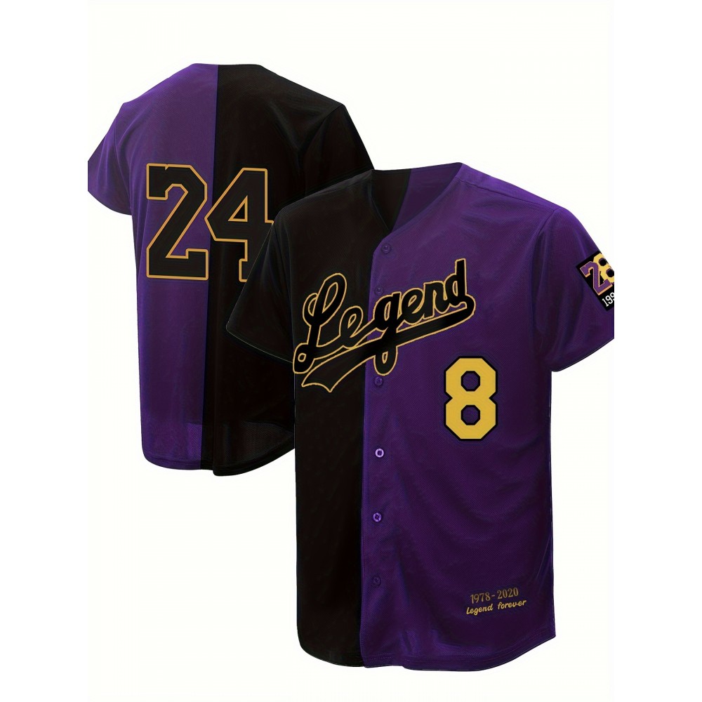Men's Black & Purple Patchwork Color Block Baseball Jersey with '24' & 'Legend' Design, Loose Fit V-Neck, Breathable Fabric for Sports, Casual Streetwear, All-Season Comfort Men's Black & Purple Patchwork Color Block Baseball Jersey with '24' & 'Legend' Design, Loose Fit V-Neck, Breathable Fabric for Sports, Casual Streetwear, All-Season Comfort