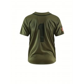 Men's #1 Army Green Baseball Jersey, Breathable Polyester, V-Neck with Button-Up Closure - Sporty & Casual Style for Everyday, Parties, Training & Streetwear