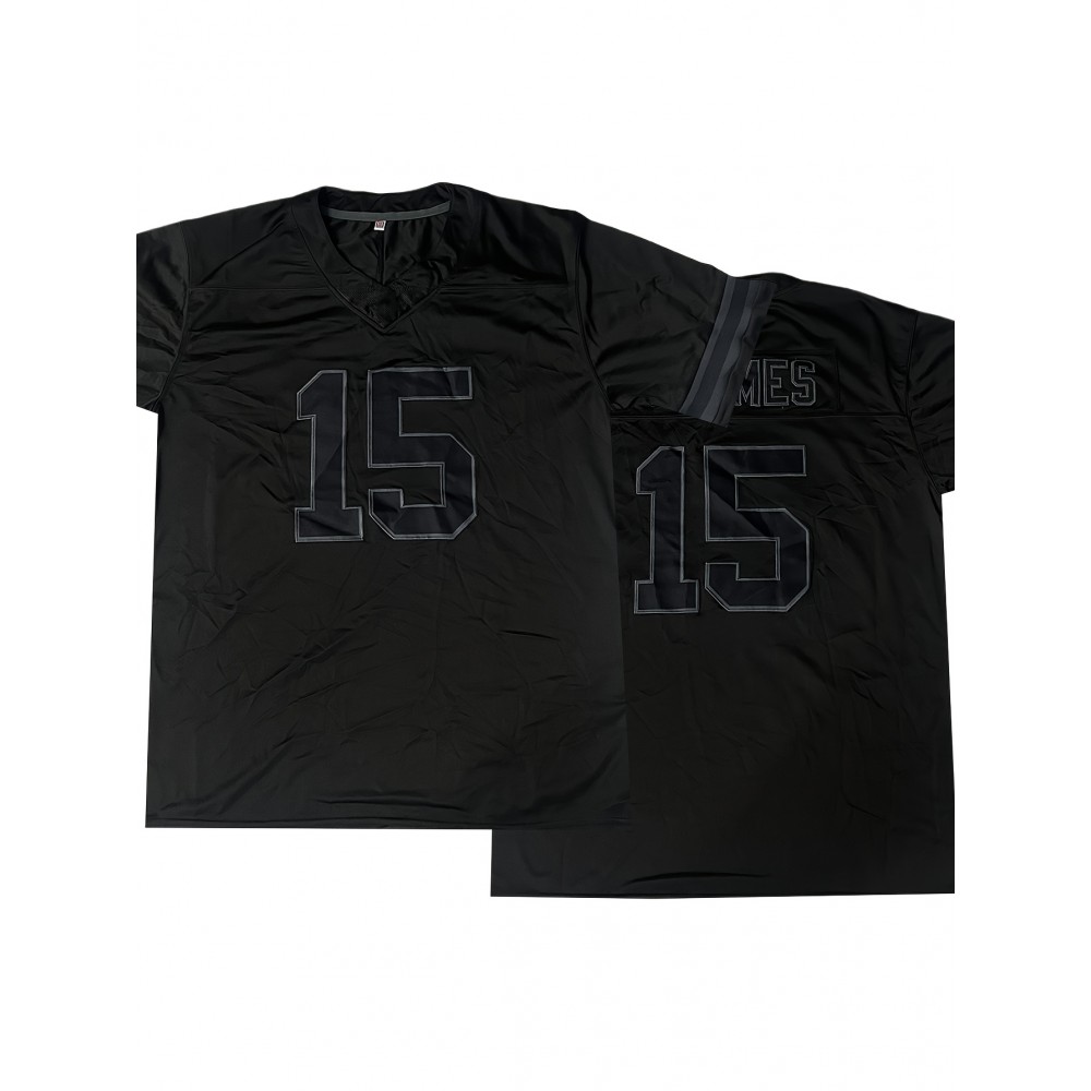 Men'S Black # 15 Breathable Rugby Shirt, Sports V-neck Short Sleeve Training Match Uniform, Embroidered American Football Shirt Men'S Black # 15 Breathable Rugby Shirt, Sports V-neck Short Sleeve Training Match Uniform, Embroidered American Football Shirt