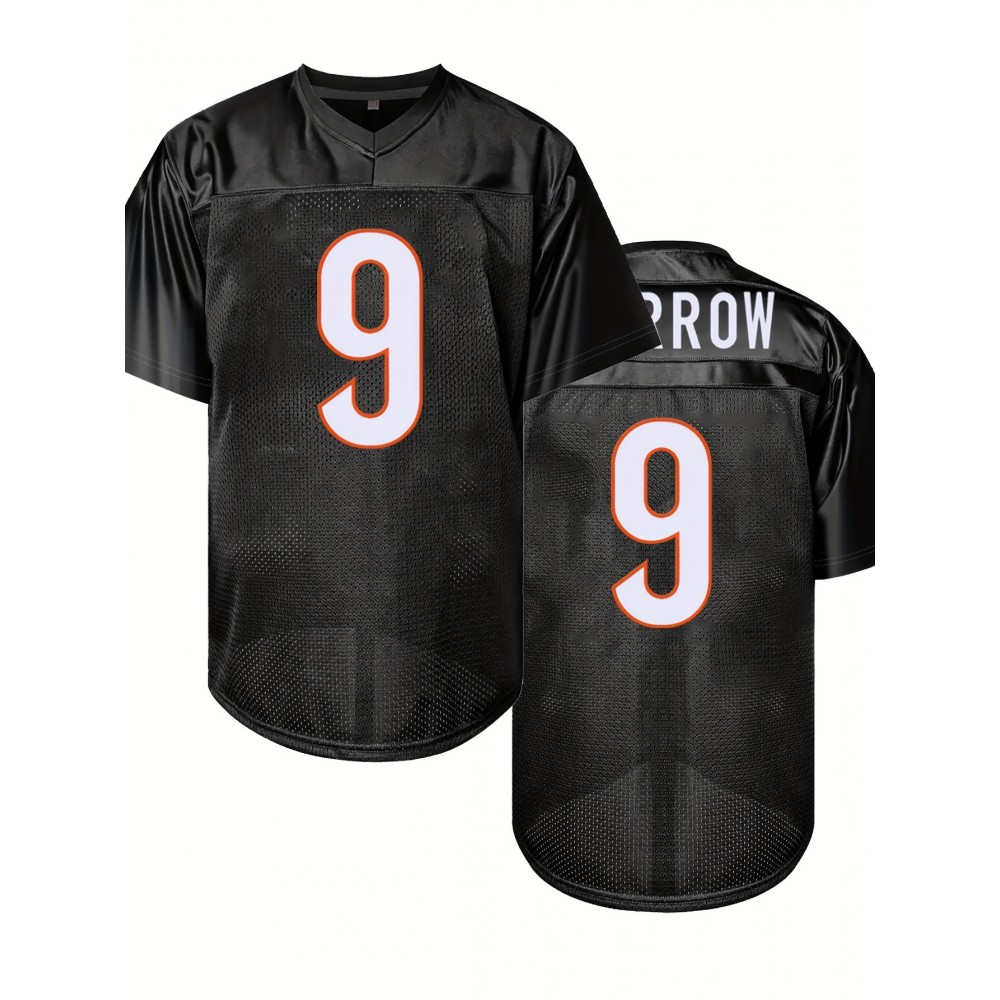 Men's Black # 9 Breathable Rugby Jersey, Sports V-neck Short Sleeved Uniform For Training And Matches, Embroidered American Football Shirt Men's Black # 9 Breathable Rugby Jersey, Sports V-neck Short Sleeved Uniform For Training And Matches, Embroidered American Football Shirt