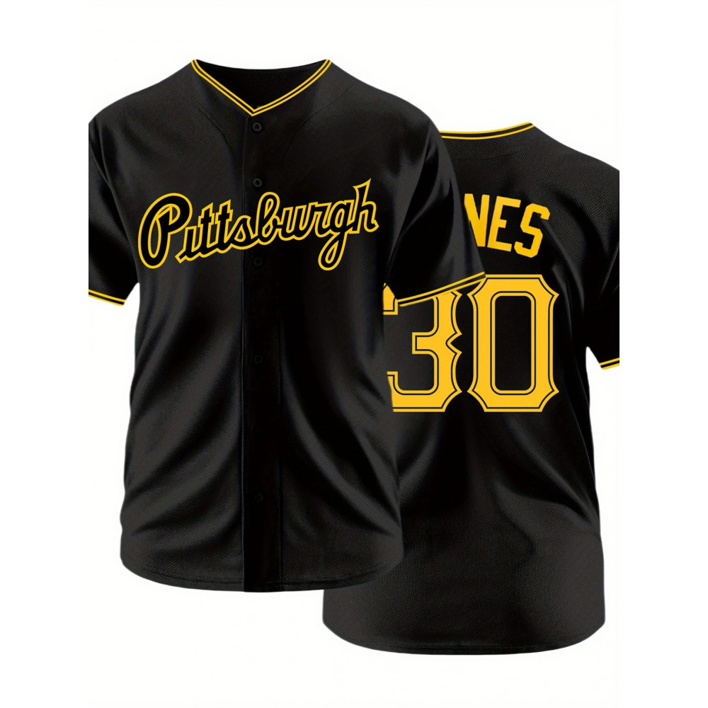 Men's Black #30 Baseball Shirt with Pittsburgh Embroidered Letter & Number Design, Breathable Loose Fit V-Neck Button-Up for Casual Streetwear, Sports & Outdoor Activities - All-Season Comfort, Outdoor Activewear | Relaxed Fit Jersey | Embroidered Details Men's Black #30 Baseball Shirt with Pittsburgh Embroidered Letter & Number Design, Breathable Loose Fit V-Neck Button-Up for Casual Streetwear, Sports & Outdoor Activities - All-Season Comfort, Outdoor Activewear | Relaxed Fit Jersey | Embroidered Details