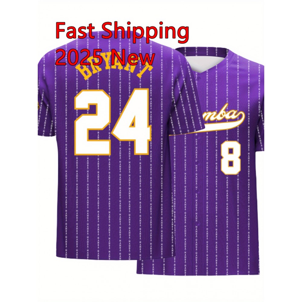Men'S White Striped Purple # 8-24 Jersey Letter Embroidered Baseball Shirt, Fashionable And Casual, Street Breathable Short Sleeved Sports Shirt Men'S White Striped Purple # 8-24 Jersey Letter Embroidered Baseball Shirt, Fashionable And Casual, Street Breathable Short Sleeved Sports Shirt