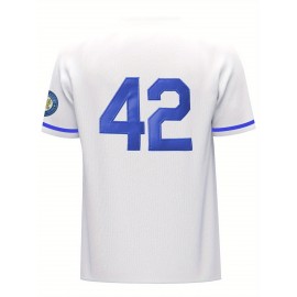 Men'S White # 42 Baseball Shirt, Loose Embroidered Sports, Fashionable And Casual, Street Breathable