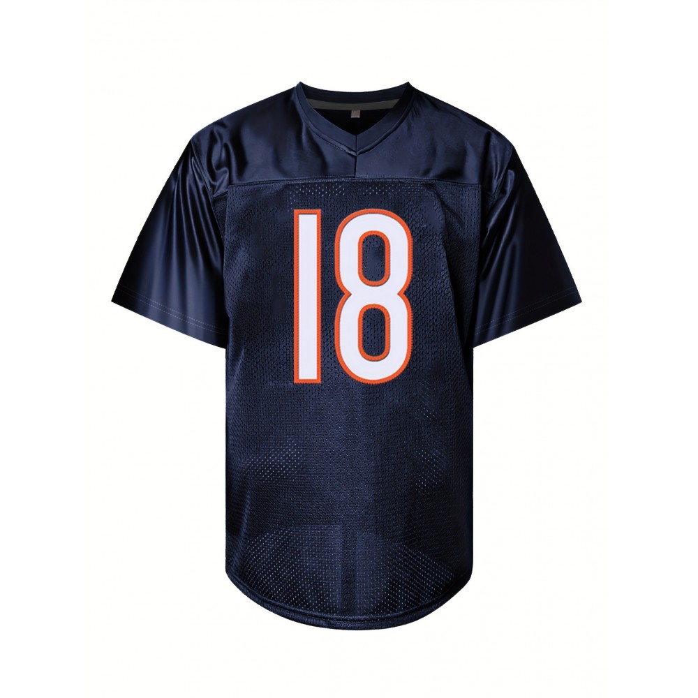 Men's Black # 18 Breathable Rugby Jersey, Sports V-neck Short Sleeved Uniform For Training And Matches, Embroidered American Football Shirt Men's Black # 18 Breathable Rugby Jersey, Sports V-neck Short Sleeved Uniform For Training And Matches, Embroidered American Football Shirt