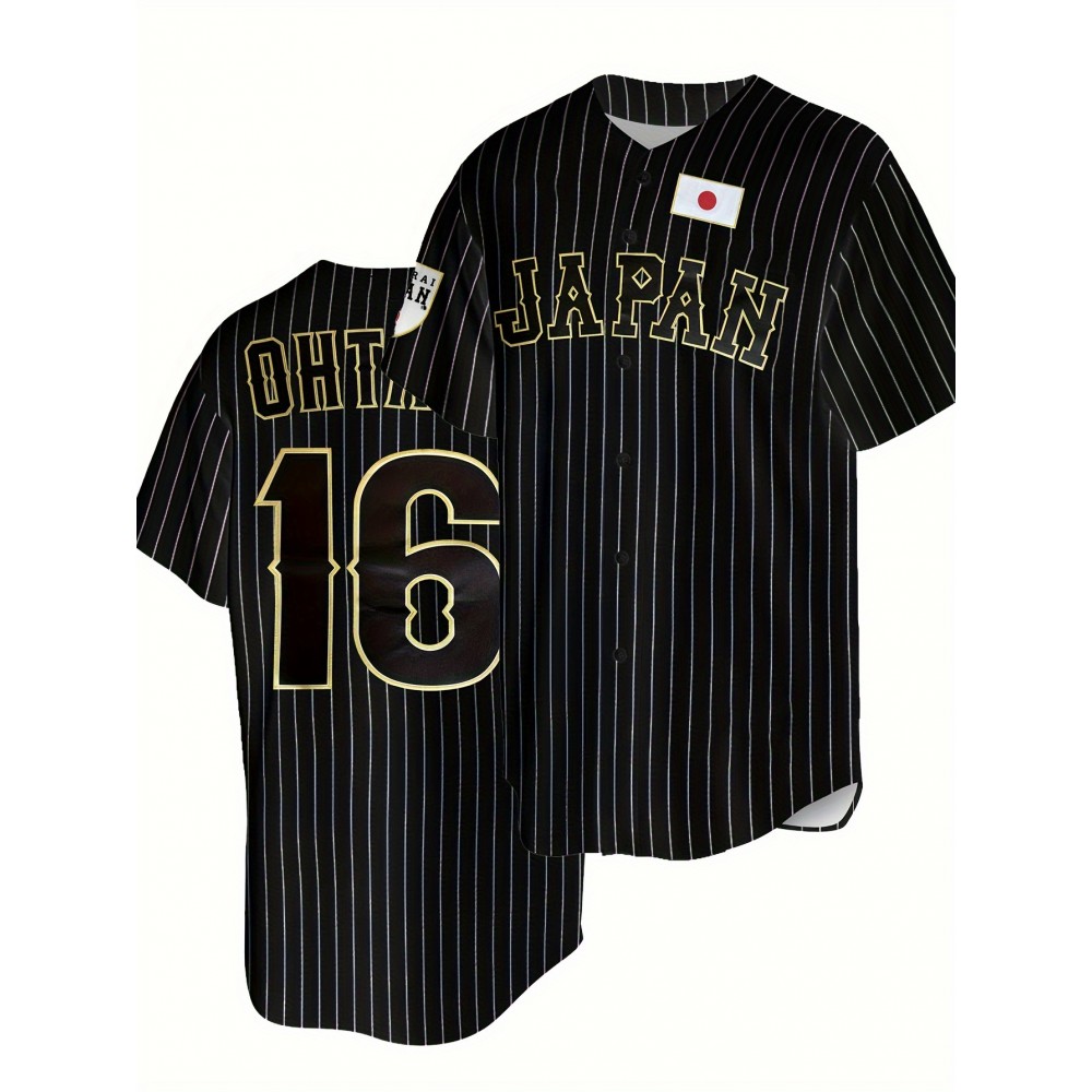 Men'S Black Striped Size 16 # Baseball Shirt, Classic Letter Embroidery Design, Button Style Short Sleeved Breathable Shirt, For Training And Competition Use Men'S Black Striped Size 16 # Baseball Shirt, Classic Letter Embroidery Design, Button Style Short Sleeved Breathable Shirt, For Training And Competition Use