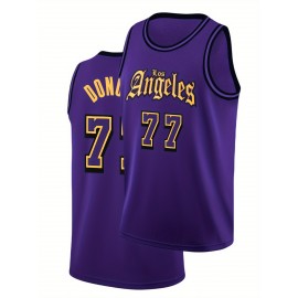 Men's purple # 77 basketball jersey, casual, loose and breathable, classic retro embroidered letter vest round neck basketball suit