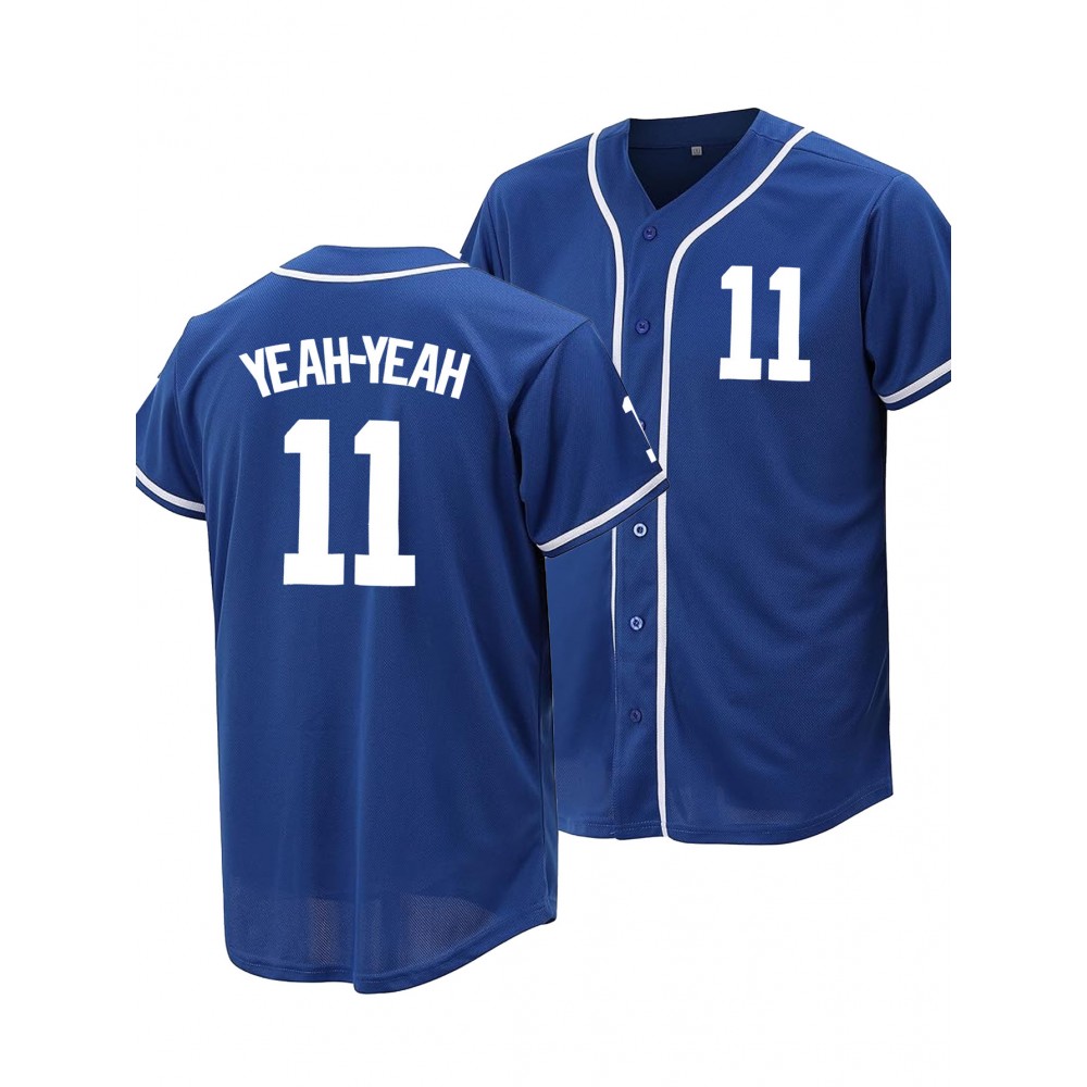 Men'S Blue # 11 Baseball Shirt, Classic Letter Embroidery Design, Button Style Short Sleeved Breathable Shirt, for Training And Competition Use Men'S Blue # 11 Baseball Shirt, Classic Letter Embroidery Design, Button Style Short Sleeved Breathable Shirt, for Training And Competition Use