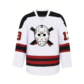 White Loose Fit Embroidered Long Sleeve #13 Ice Hockey Sports Shirt - Breathable Street Fashion Casual