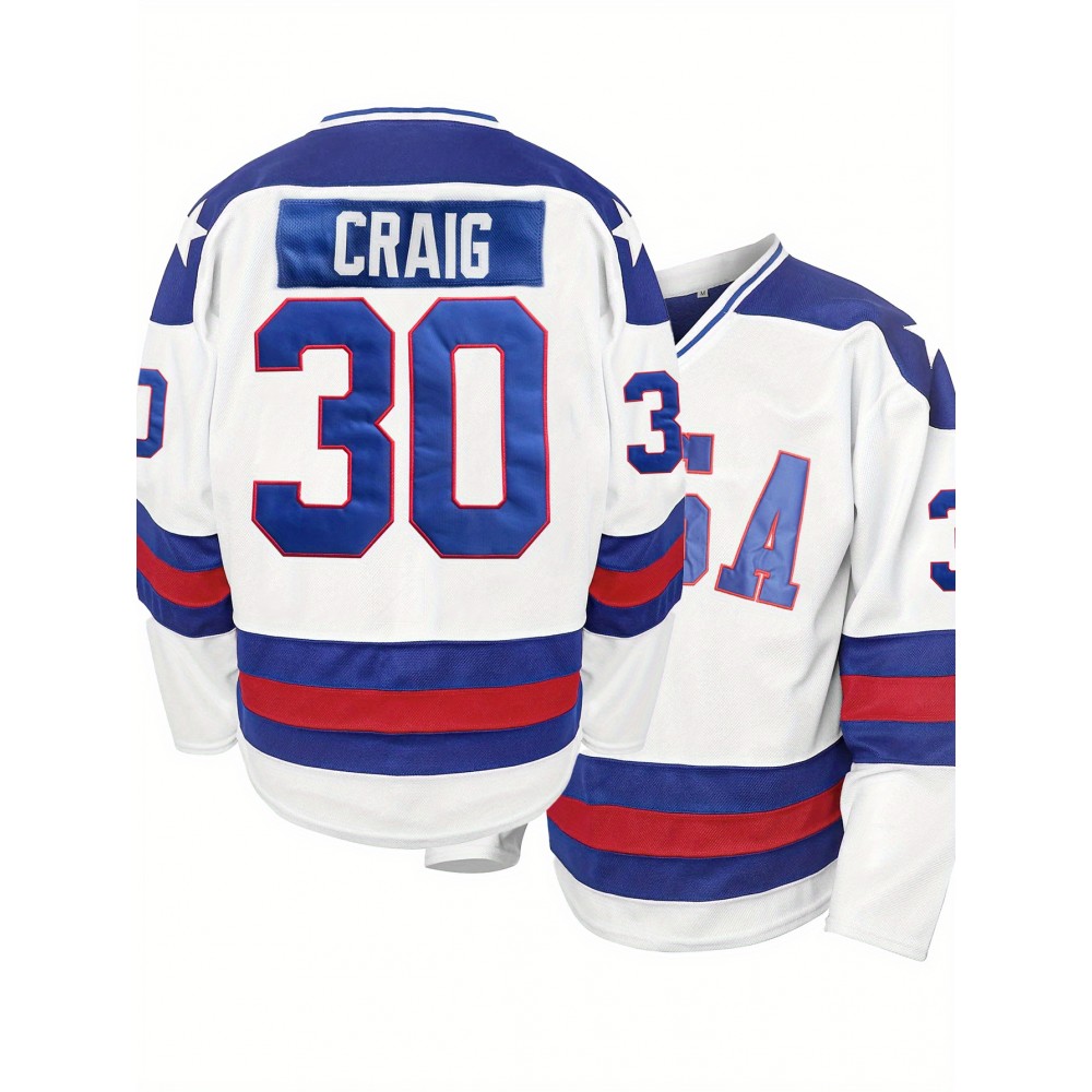 Men's White #30 Ice Hockey Jersey with Embroidered Craig 30 & USA 34 Design - Loose Fit Breathable Polyester, V-Neck Long Sleeve for Sports, Casual Streetwear & Outdoor Activities Men's White #30 Ice Hockey Jersey with Embroidered Craig 30 & USA 34 Design - Loose Fit Breathable Polyester, V-Neck Long Sleeve for Sports, Casual Streetwear & Outdoor Activities
