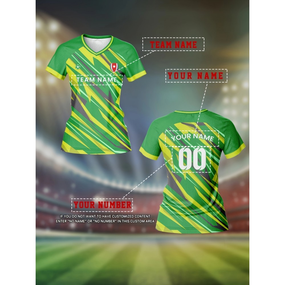 Customizable Women's V-Neck Soccer Jersey - Green & Yellow Striped Design, Personalized Name & Number, Breathable Polyester for Team Sports, Fitness, and Casual Wear Customizable Women's V-Neck Soccer Jersey - Green & Yellow Striped Design, Personalized Name & Number, Breathable Polyester for Team Sports, Fitness, and Casual Wear