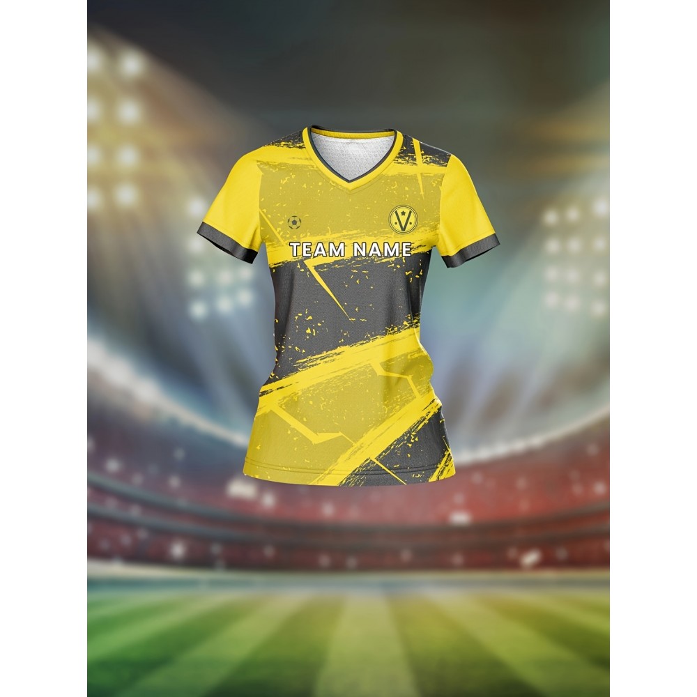 Customized Women'S V-Neck Soccer Jersey with Name & Number - Team Specific Training & Fitness Shirt, Comfortable, Breathable, Quick-Dry for Casual Wear, Yellow & Black Design, Spring/Summer/Fall Customized Women'S V-Neck Soccer Jersey with Name & Number - Team Specific Training & Fitness Shirt, Comfortable, Breathable, Quick-Dry for Casual Wear, Yellow & Black Design, Spring/Summer/Fall