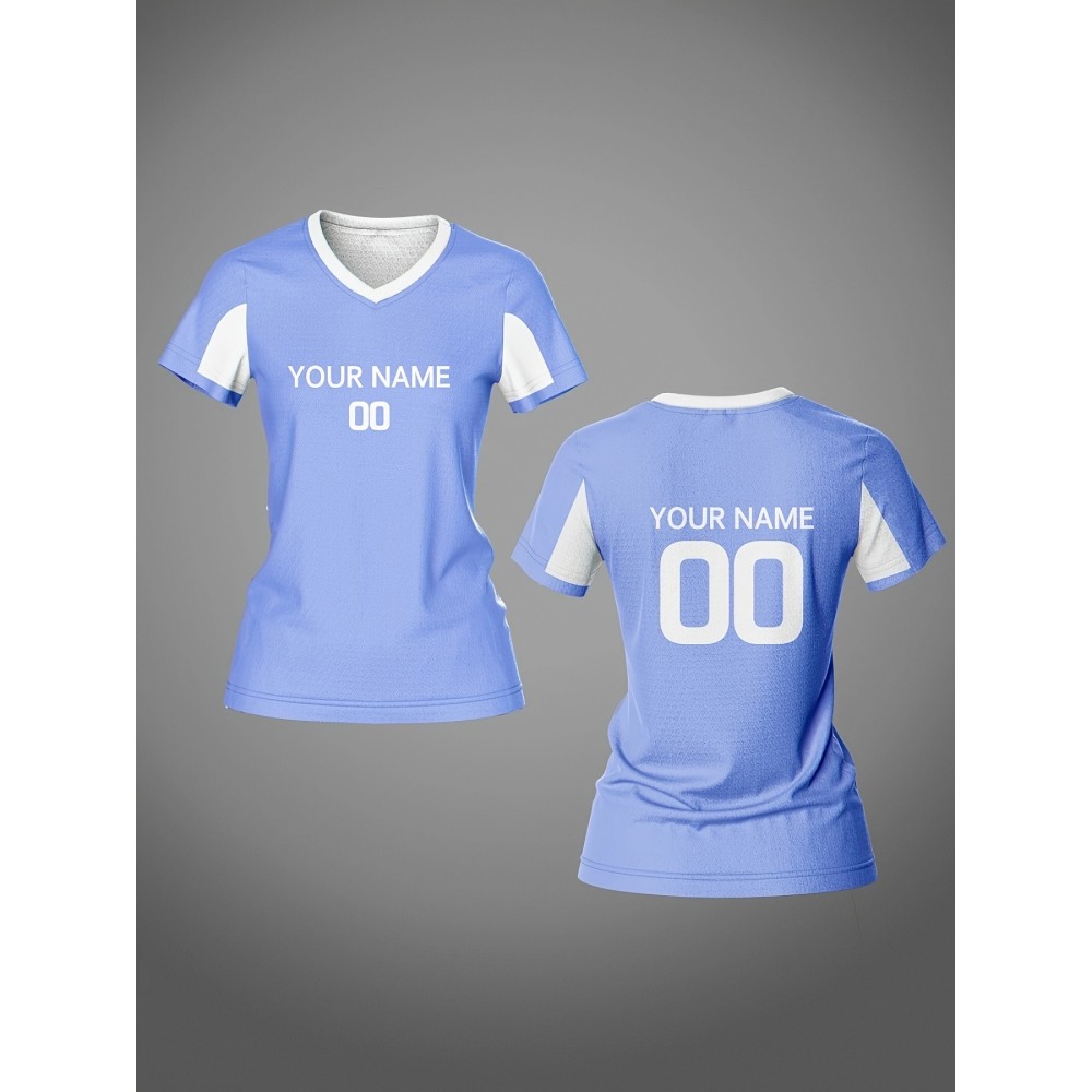 Customized Name & Number Women's V-Neck Football Jersey - Breathable Quick-Dry Moisture-Wicking Light Blue/White Stripes Team Training Fitness Casual Sports Top for Spring Summer Fall, Personalized Football Jersey, Comfortable Fit Customized Name & Number Women's V-Neck Football Jersey - Breathable Quick-Dry Moisture-Wicking Light Blue/White Stripes Team Training Fitness Casual Sports Top for Spring Summer Fall, Personalized Football Jersey, Comfortable Fit