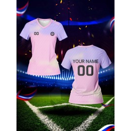 Customizable Women's V-Neck Soccer Jersey - Personalized Name & Number, Pink & Purple Design, Breathable Polyester for Sports, Fitness, and Team Training