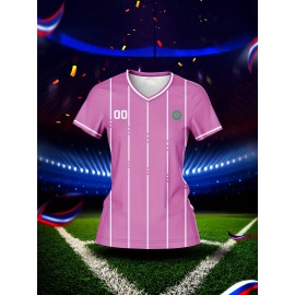 Customizable Women'S V-Neck Soccer Jersey - Personalized Name & Number, Breathable Quick-Dry Fabric for Team Training, Fitness & Casual Wear, Pink with Striped Detai