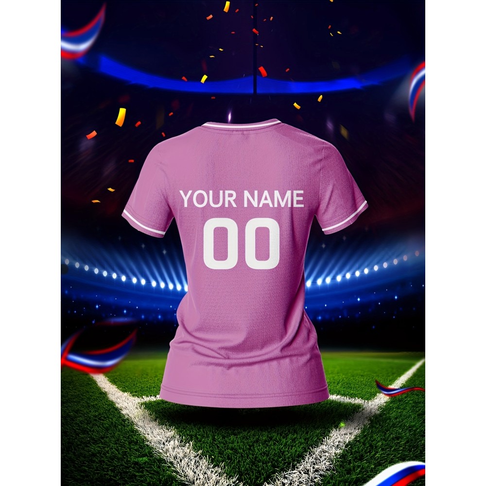 Customizable Women'S V-Neck Soccer Jersey - Personalized Name & Number, Breathable Quick-Dry Fabric for Team Training, Fitness & Casual Wear, Pink with Striped Detai Customizable Women'S V-Neck Soccer Jersey - Personalized Name & Number, Breathable Quick-Dry Fabric for Team Training, Fitness & Casual Wear, Pink with Striped Detai
