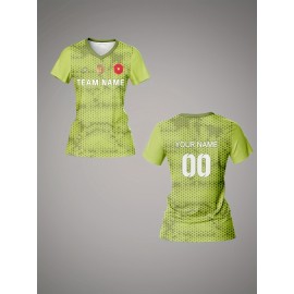 Customized Women's V-Neck Football Jersey - Personalized Name & Number, Breathable Polyester, Quick-Dry, Lime Green with Red Accents, Ideal for Team Training & Sports Fitness, Athletic Jersey | Personalized Sports Top | Lightweight Athletic Wear