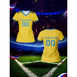 Custom Name and Number Women'S V-Neck Football Jersey, Sports Style, Polyester, Slight Stretch, All Over Print, Regular Length, Spring/Summer/Fall, Knit Fabric, 210 g/m²