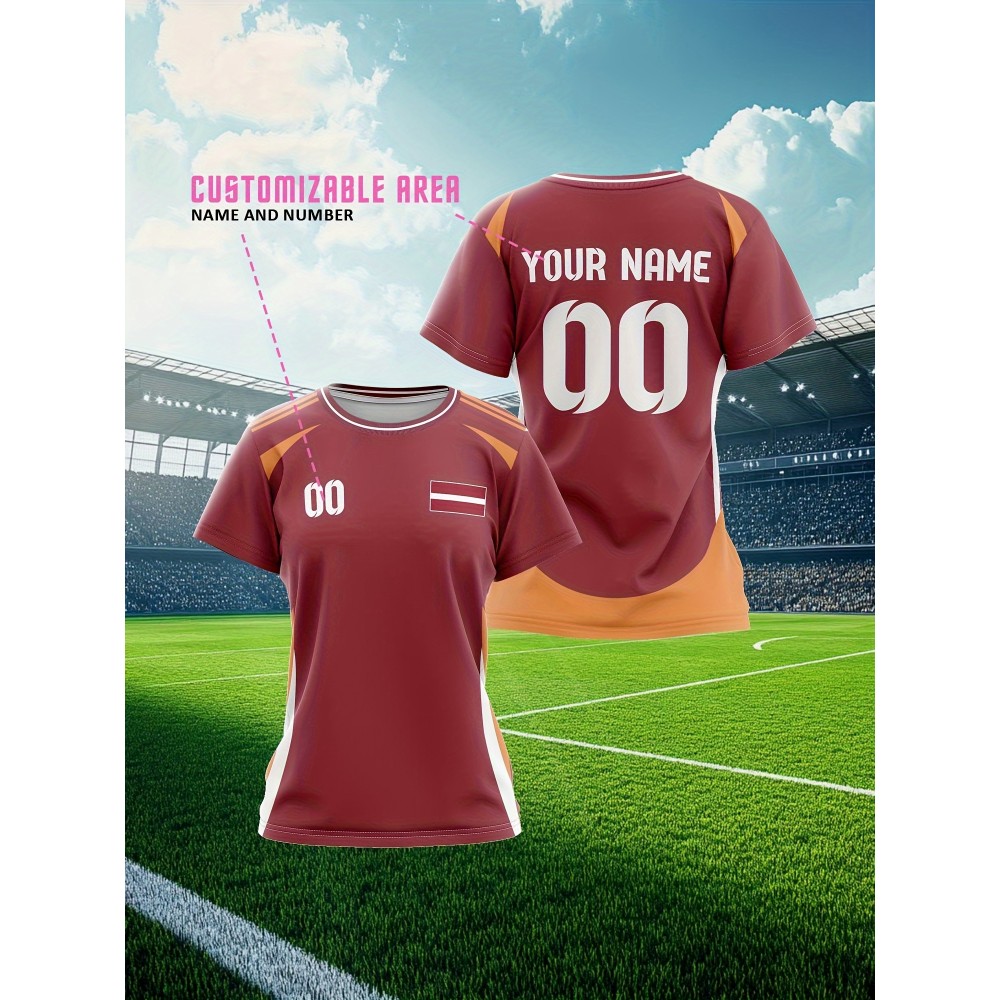 Customizable Women'S Plus Size Football Jersey - Personalized Name & Number, Maroon & Orange Soccer Training Shirt with White Accents, Breathable Summer Sportswear for Casual & Team Activities, Soccer Accessories, Durable Fabric Customizable Women'S Plus Size Football Jersey - Personalized Name & Number, Maroon & Orange Soccer Training Shirt with White Accents, Breathable Summer Sportswear for Casual & Team Activities, Soccer Accessories, Durable Fabric